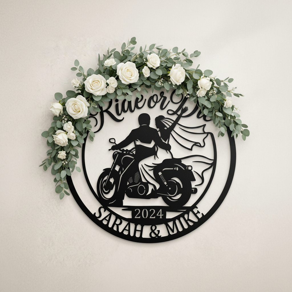 Personalized Ride or Die biker wedding sign with motorcycle and names in black steel – image 5
