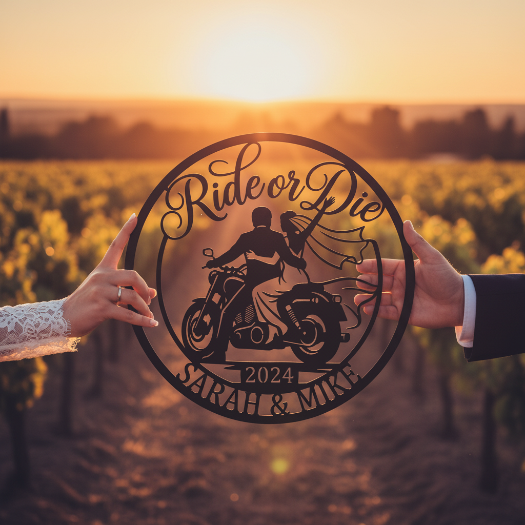 Personalized Ride or Die biker wedding sign with motorcycle and names in black steel – image 6