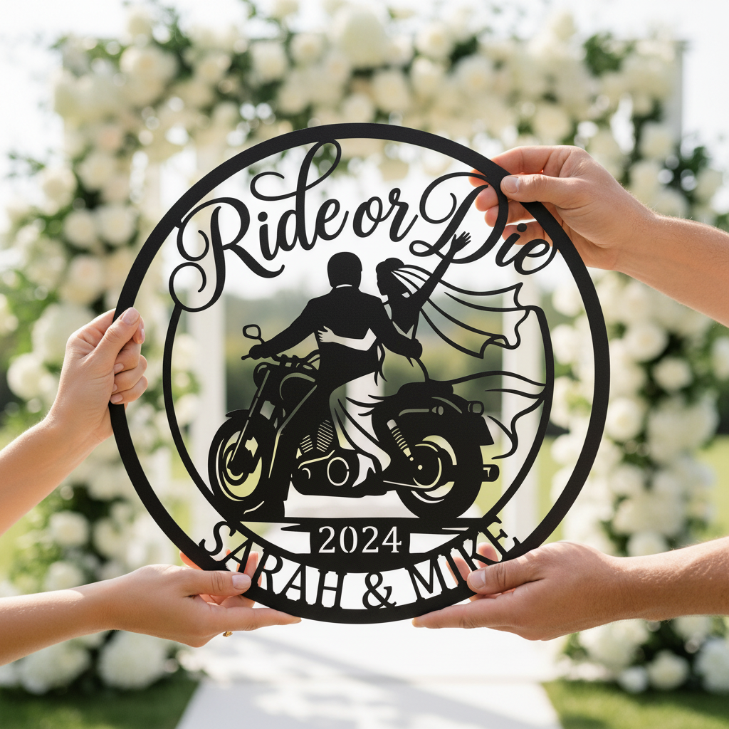 Personalized Ride or Die biker wedding sign with motorcycle and names in black steel – image 7