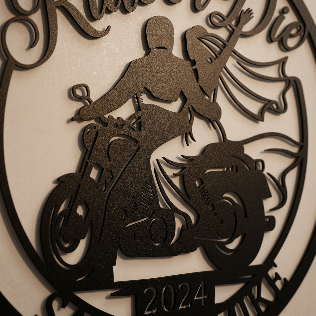 Personalized Ride or Die biker wedding sign with motorcycle and names in black steel – image 8