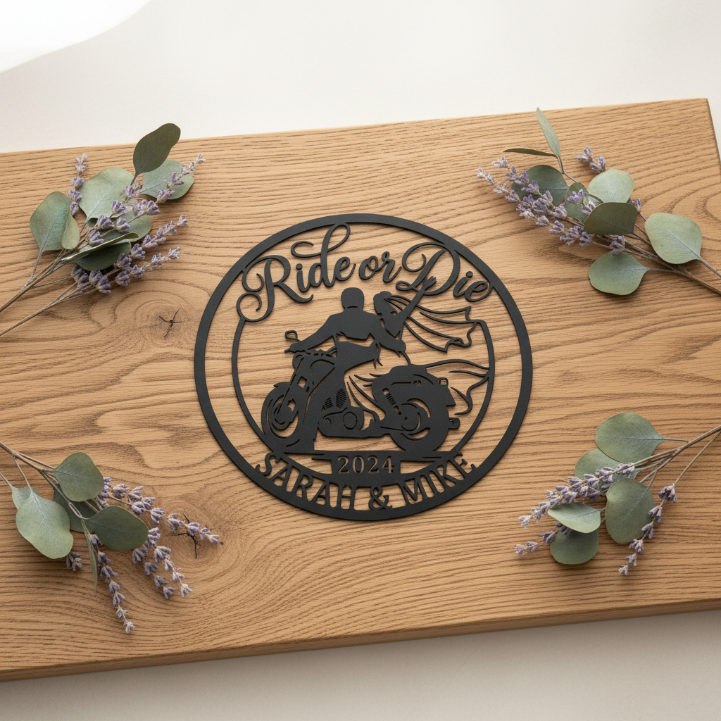 Personalized Ride or Die biker wedding sign with motorcycle and names in black steel – image 10