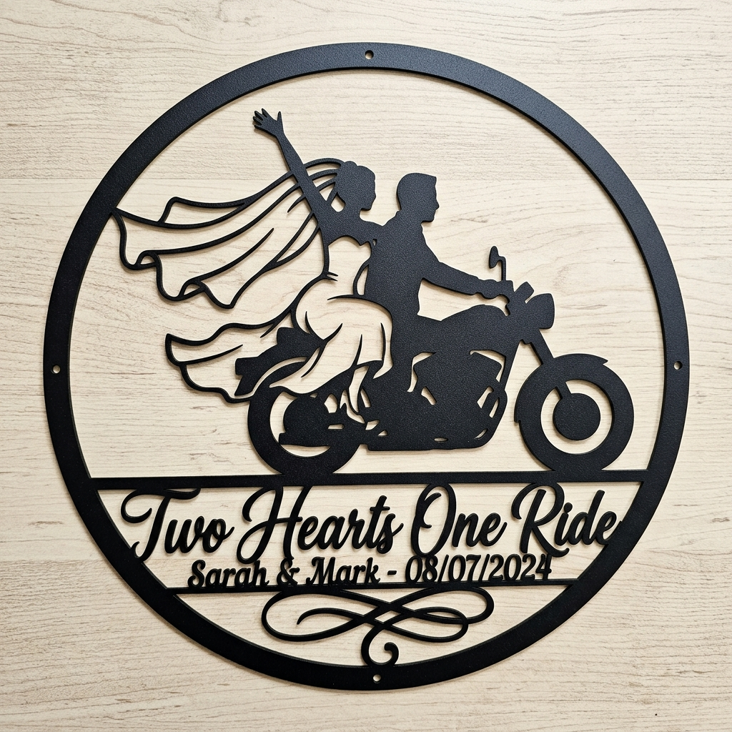 Personalisiertes Two Hearts One Ride Biker Hochzeitsschild rund – Bild 2