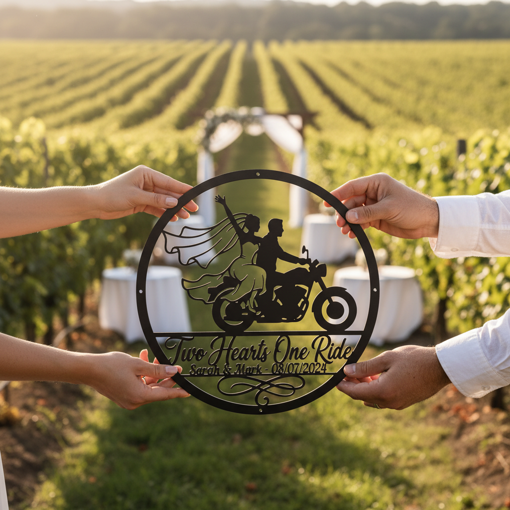 Personalisiertes rundes Biker Hochzeitsschild Two Hearts One Ride mit Namen – Bild 11