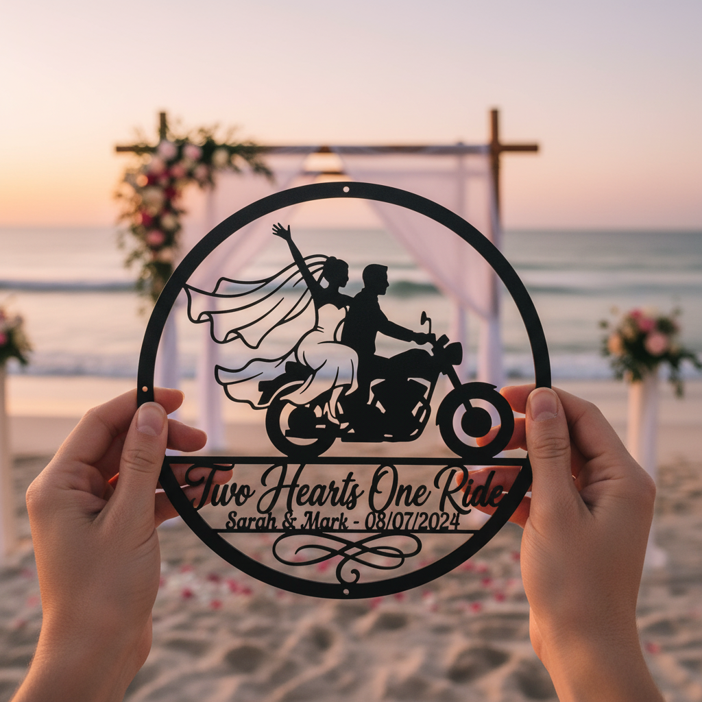 Personalisiertes rundes Biker Hochzeitsschild Two Hearts One Ride mit Namen – Bild 12