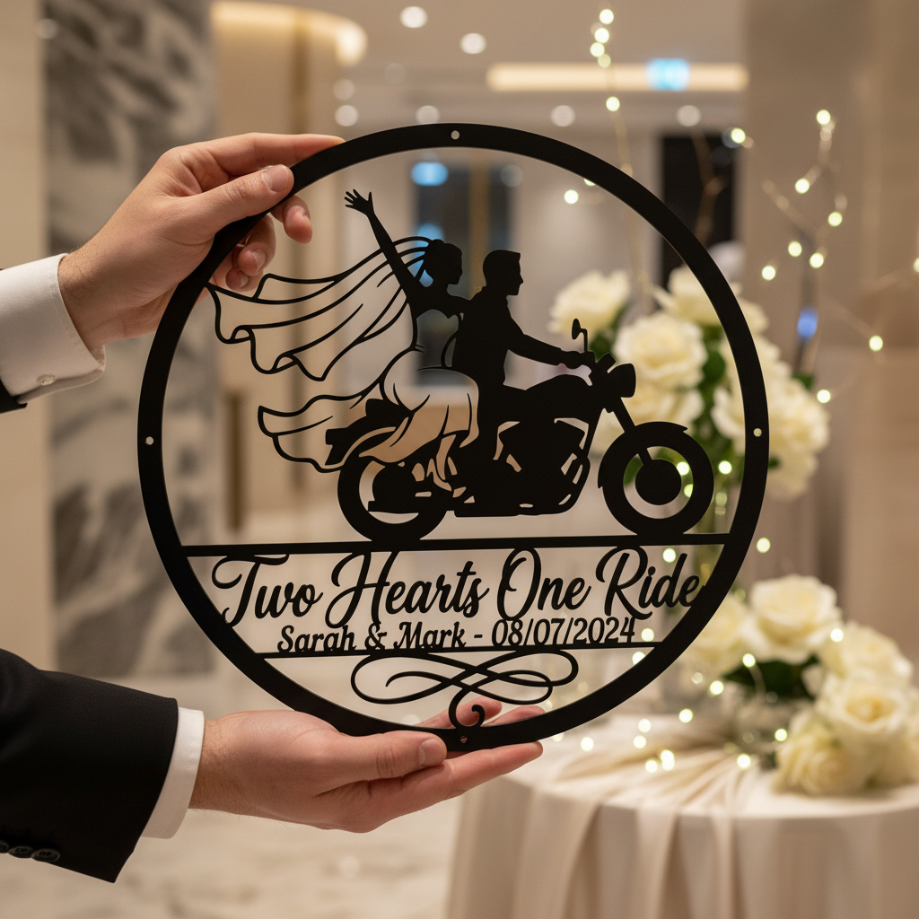 Personalisiertes rundes Biker Hochzeitsschild Two Hearts One Ride mit Namen – Bild 13