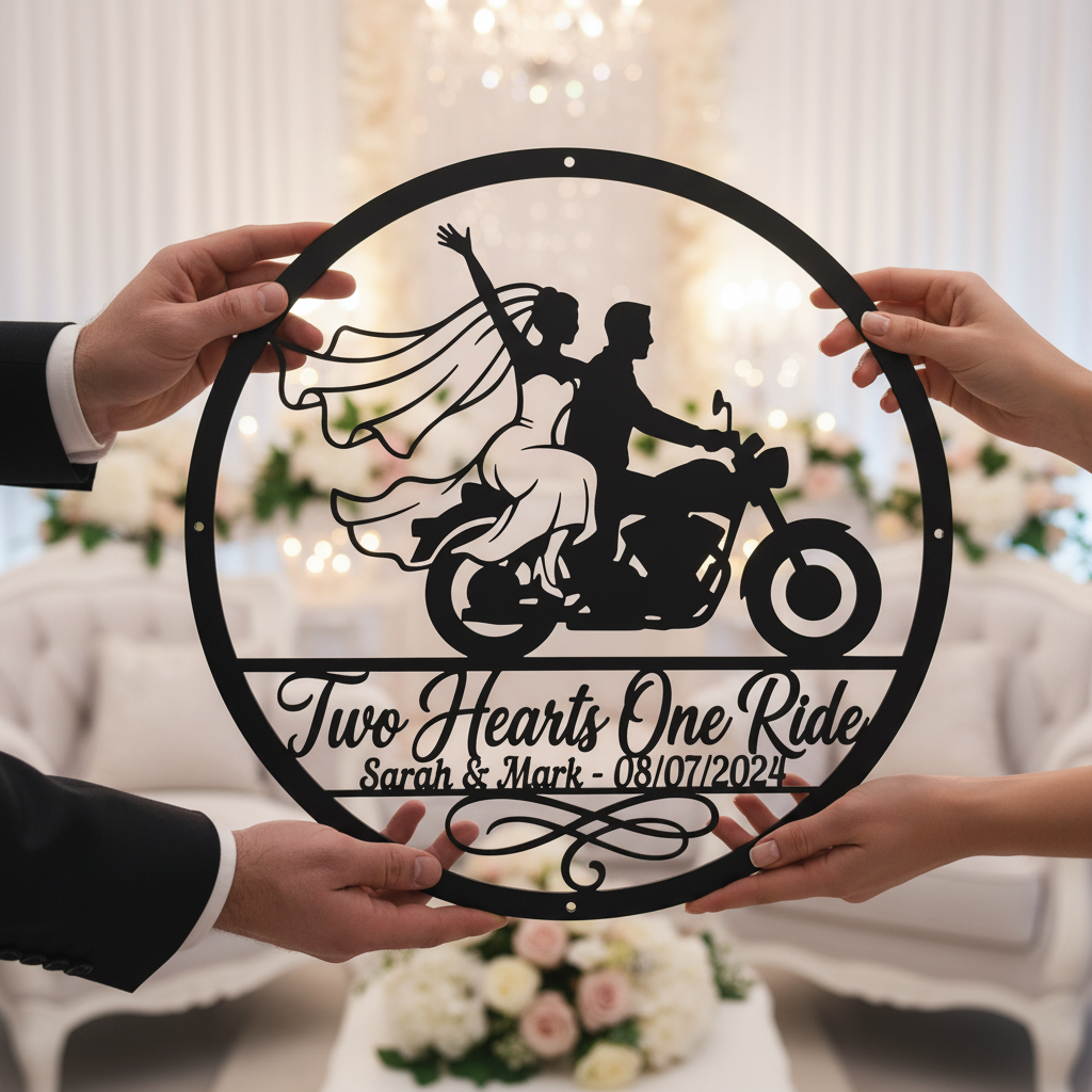 Personalisiertes rundes Biker Hochzeitsschild Two Hearts One Ride mit Namen – Bild 14