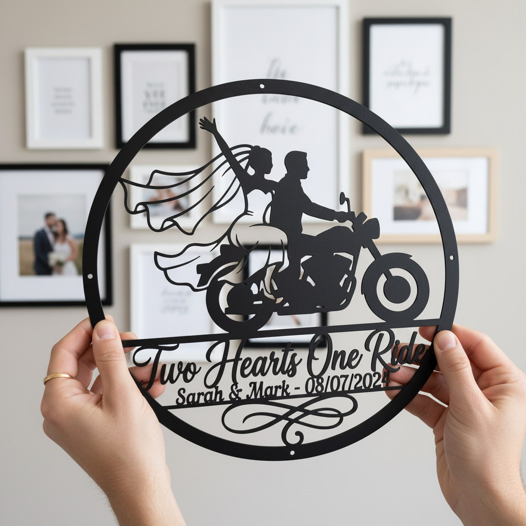 Personalisiertes rundes Biker Hochzeitsschild Two Hearts One Ride mit Namen – Bild 15