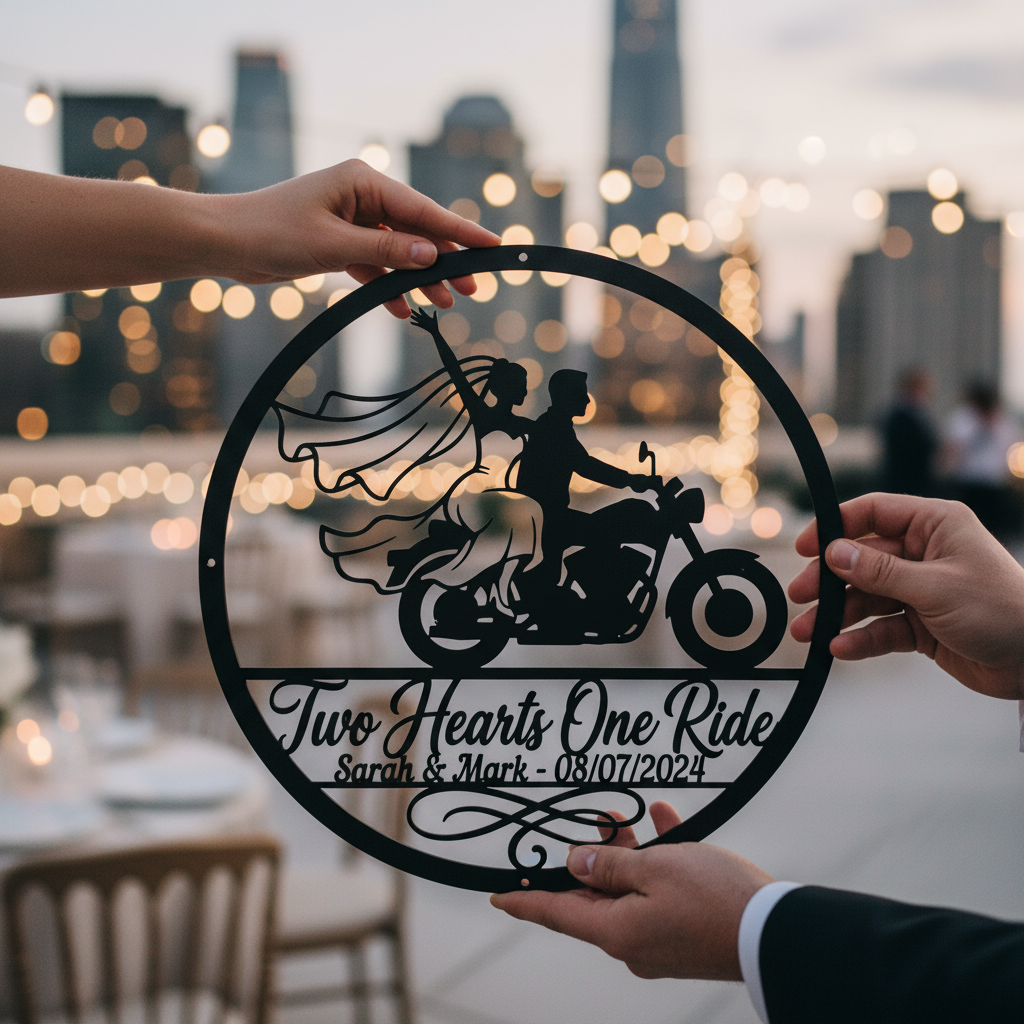 Personalisiertes rundes Biker Hochzeitsschild Two Hearts One Ride mit Namen – Bild 16
