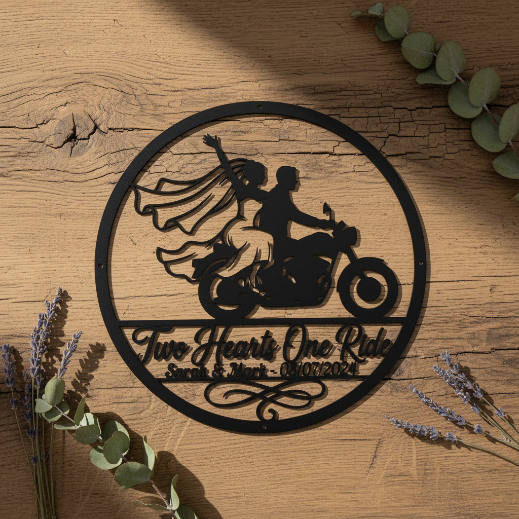 Personalisiertes rundes Biker Hochzeitsschild Two Hearts One Ride mit Namen – Bild 17
