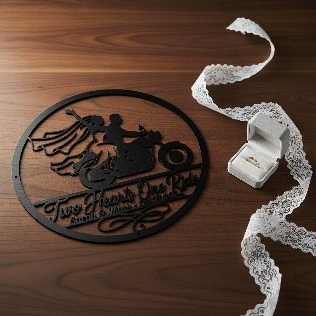 Personalisiertes rundes Biker Hochzeitsschild Two Hearts One Ride mit Namen – Bild 18