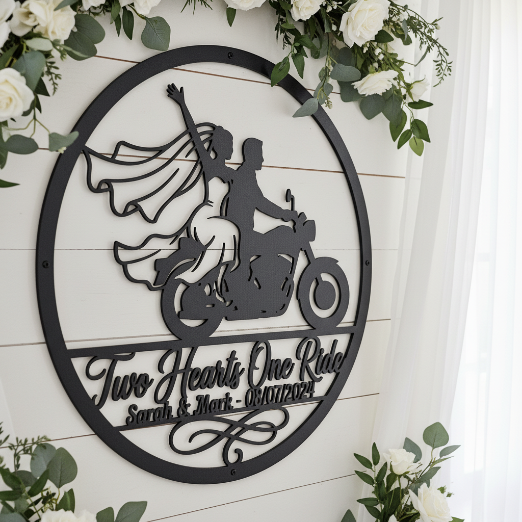 Personalisiertes rundes Biker Hochzeitsschild Two Hearts One Ride mit Namen