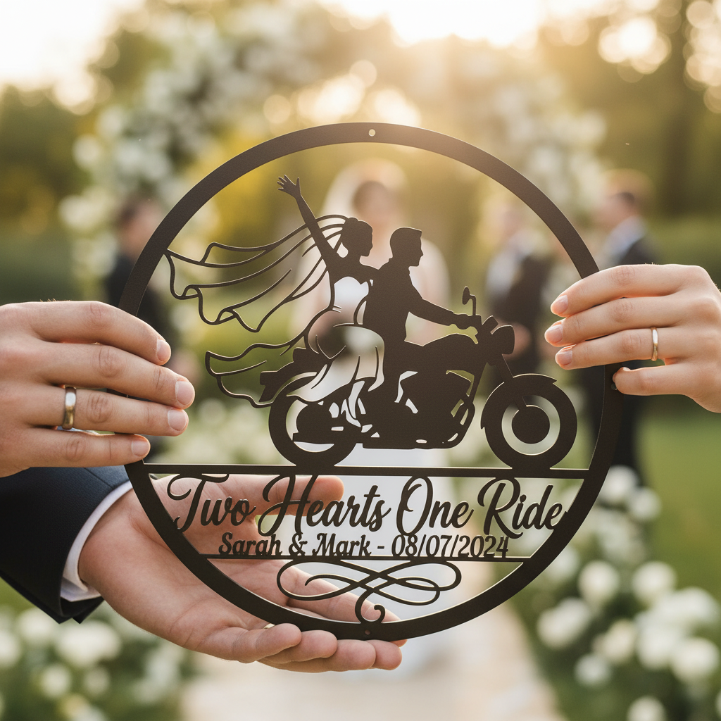 Personalisiertes rundes Biker Hochzeitsschild Two Hearts One Ride mit Namen – Bild 19