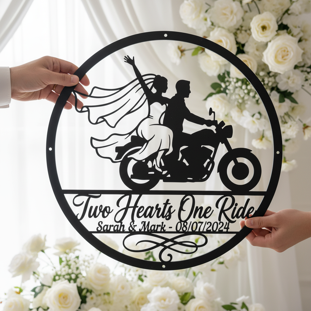 Personalisiertes Two Hearts One Ride Biker Hochzeitsschild rund – Bild 3