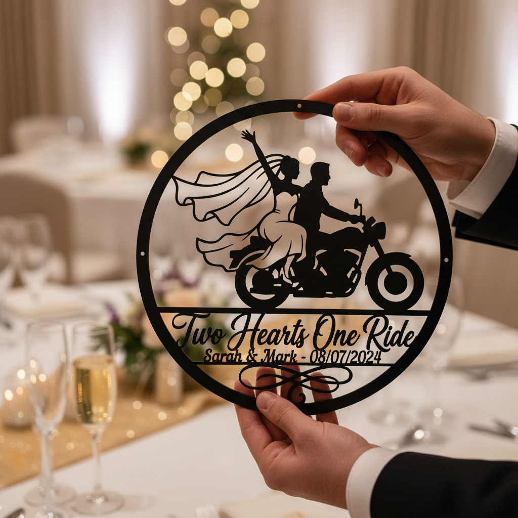Personalisiertes rundes Biker Hochzeitsschild Two Hearts One Ride mit Namen – Bild 20