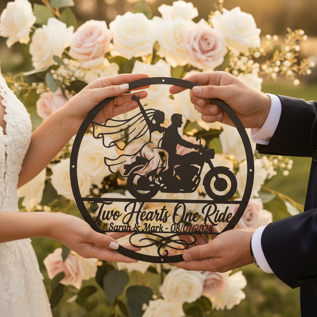 Personalisiertes rundes Biker Hochzeitsschild Two Hearts One Ride mit Namen – Bild 22