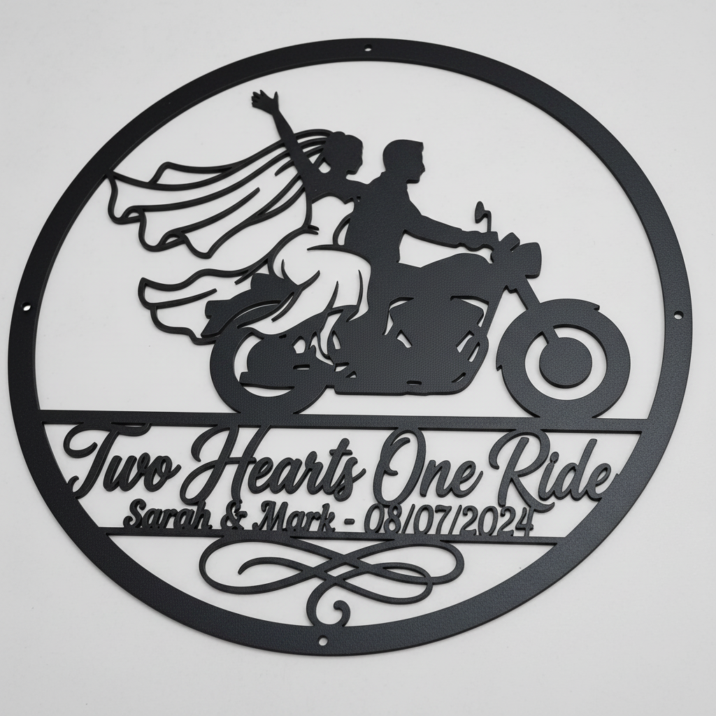 Personalisiertes rundes Biker Hochzeitsschild Two Hearts One Ride mit Namen – Bild 23