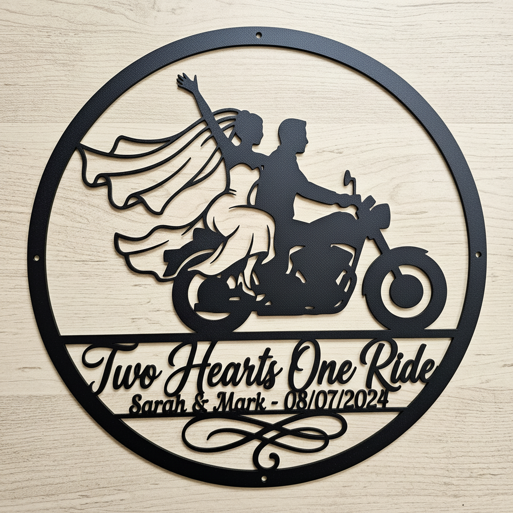 Personalisiertes rundes Biker Hochzeitsschild Two Hearts One Ride mit Namen – Bild 24