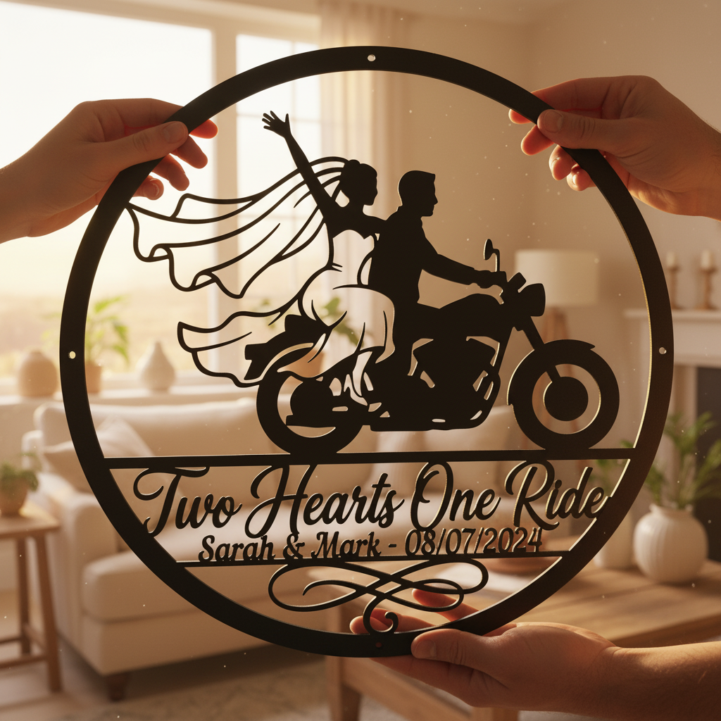 Personalisiertes Two Hearts One Ride Biker Hochzeitsschild rund – Bild 4