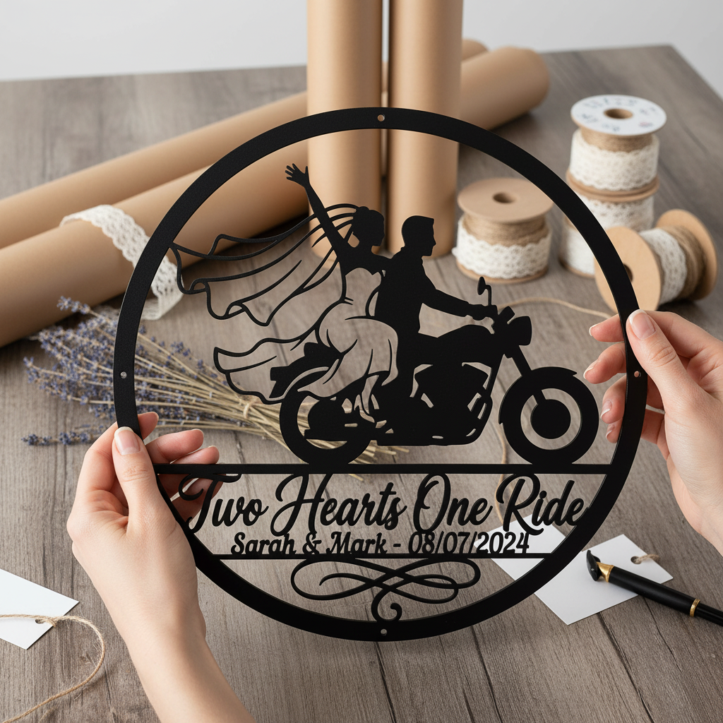 Personalisiertes Two Hearts One Ride Biker Hochzeitsschild rund – Bild 5