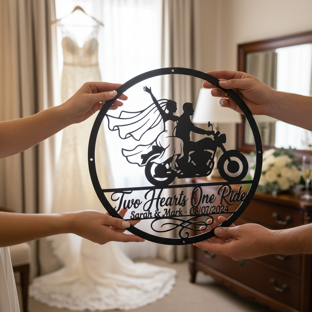 Personalisiertes rundes Biker Hochzeitsschild Two Hearts One Ride mit Namen – Bild 6