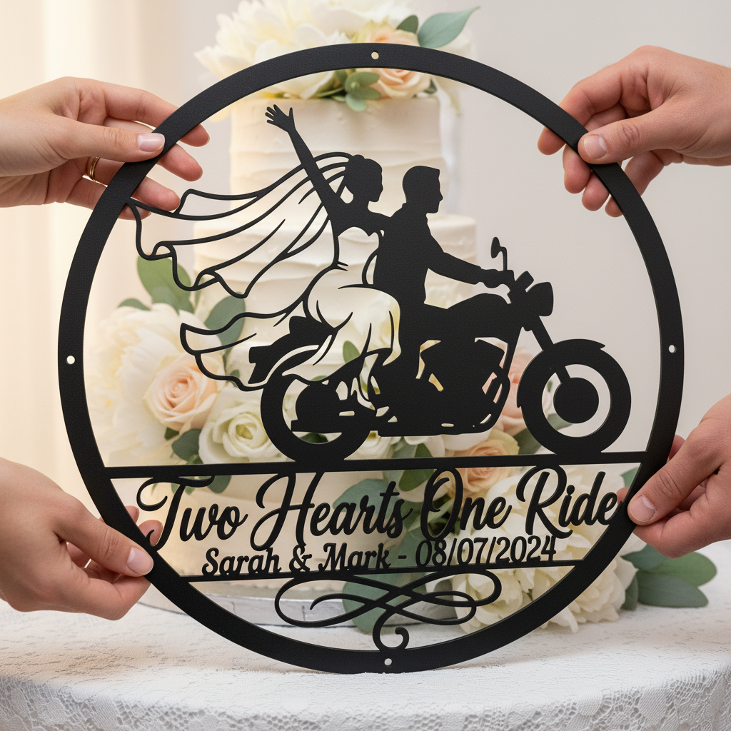 Personalisiertes rundes Biker Hochzeitsschild Two Hearts One Ride mit Namen – Bild 7