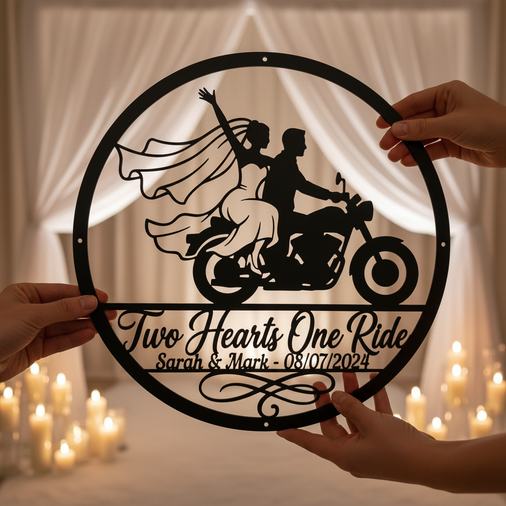Personalisiertes rundes Biker Hochzeitsschild Two Hearts One Ride mit Namen – Bild 8