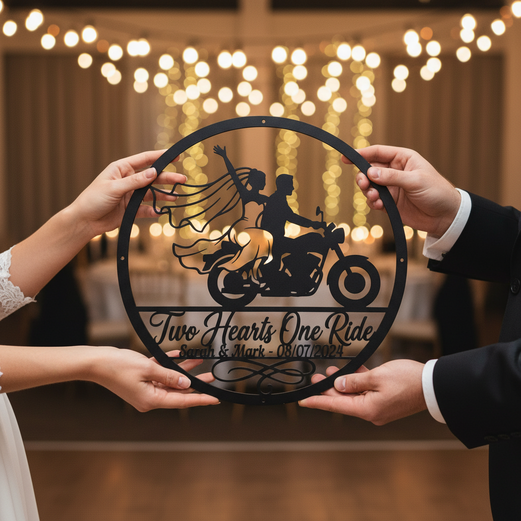 Personalisiertes rundes Biker Hochzeitsschild Two Hearts One Ride mit Namen – Bild 9