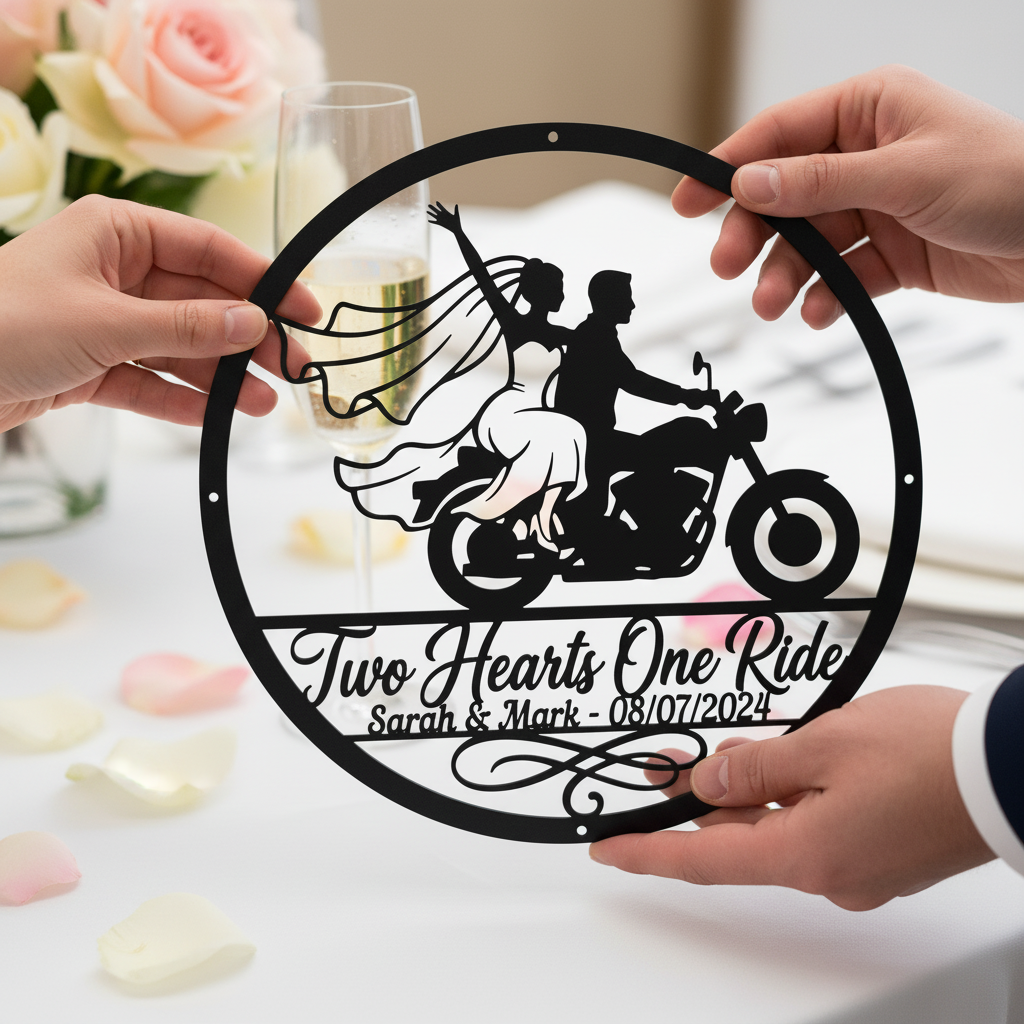 Personalisiertes rundes Biker Hochzeitsschild Two Hearts One Ride mit Namen – Bild 10