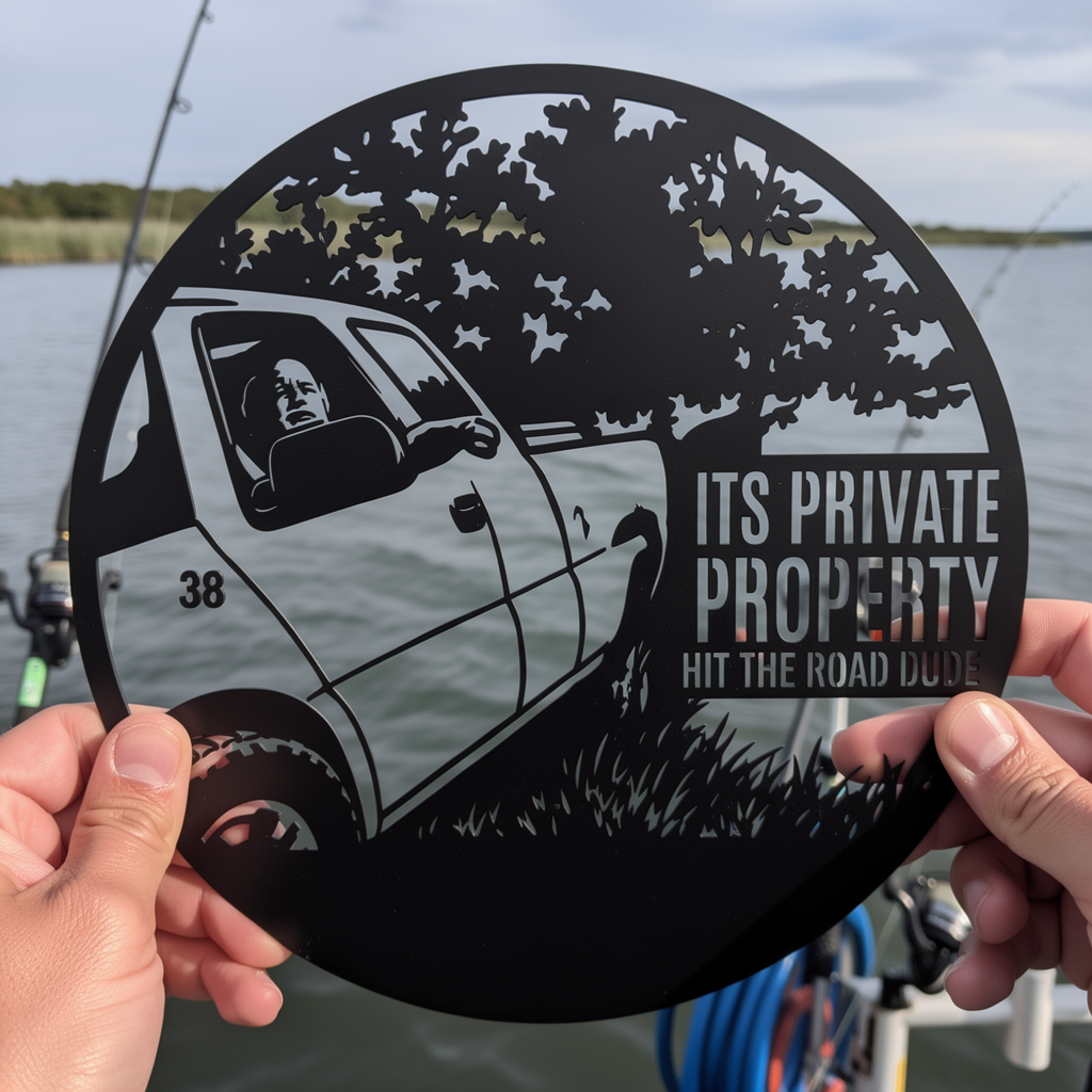 Funny pickup truck Hit the Road, Dude private property sign in black steel – image 9