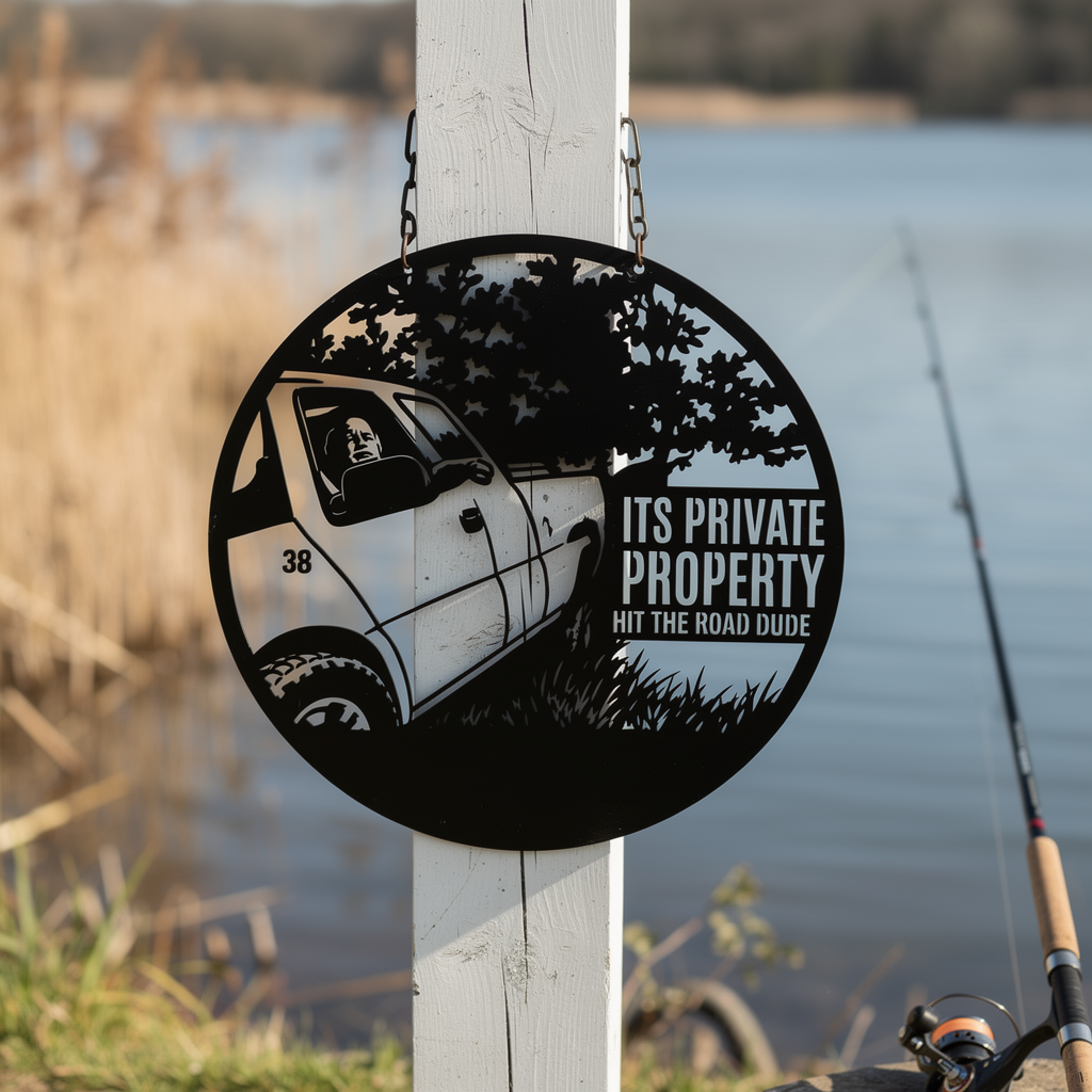 Funny pickup truck Hit the Road, Dude private property sign in black steel – image 10