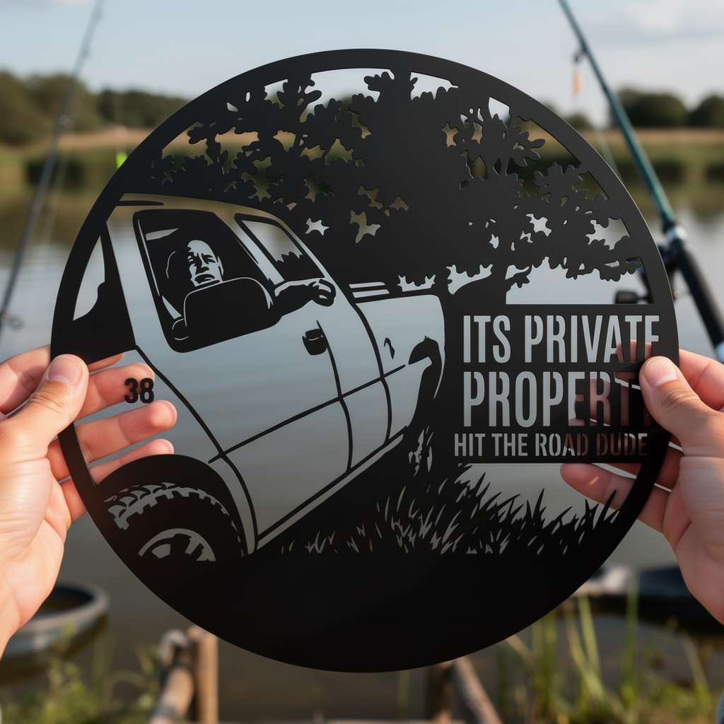Funny pickup truck Hit the Road, Dude private property sign in black steel