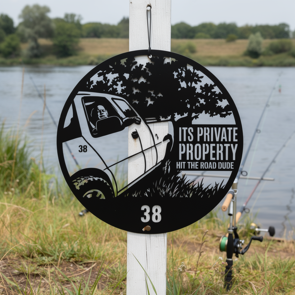 Funny pickup truck Hit the Road, Dude private property sign in black steel – image 2