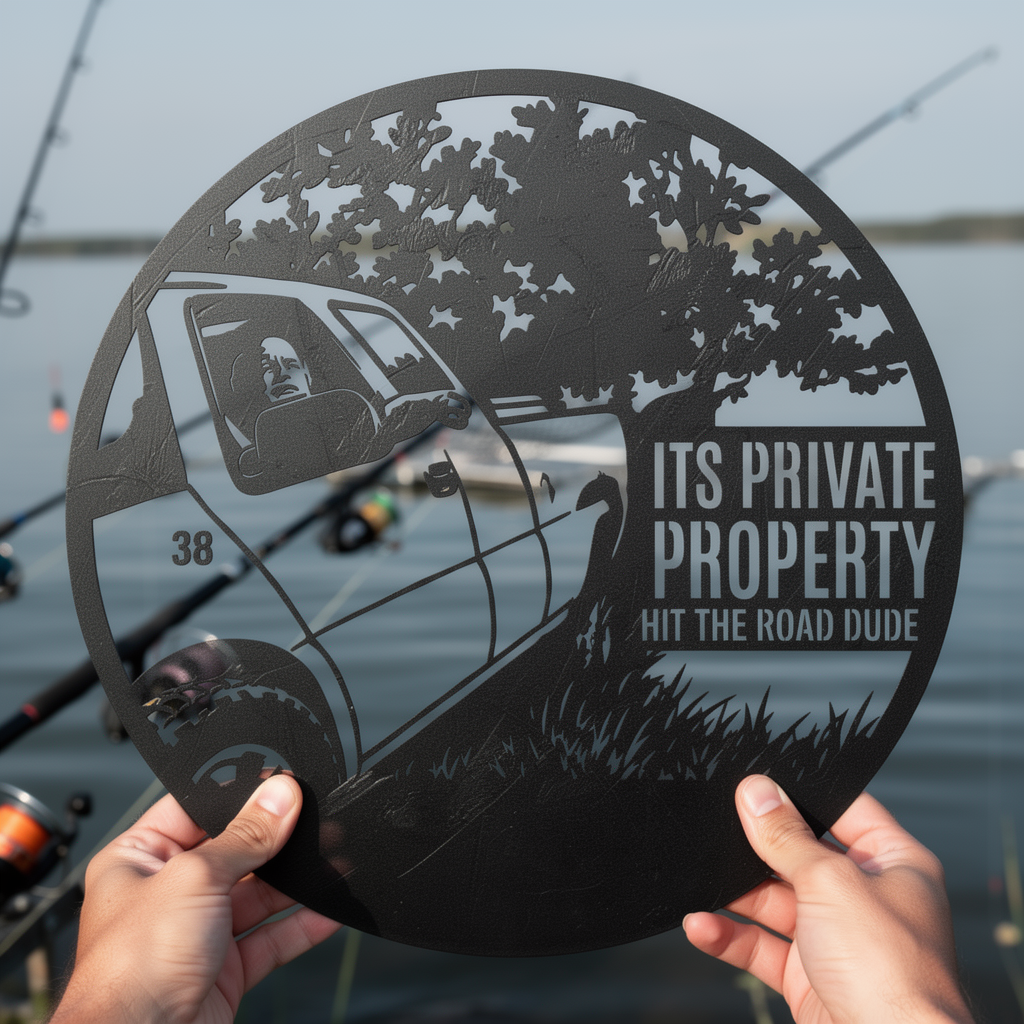 Funny pickup truck Hit the Road, Dude private property sign in black steel – image 3