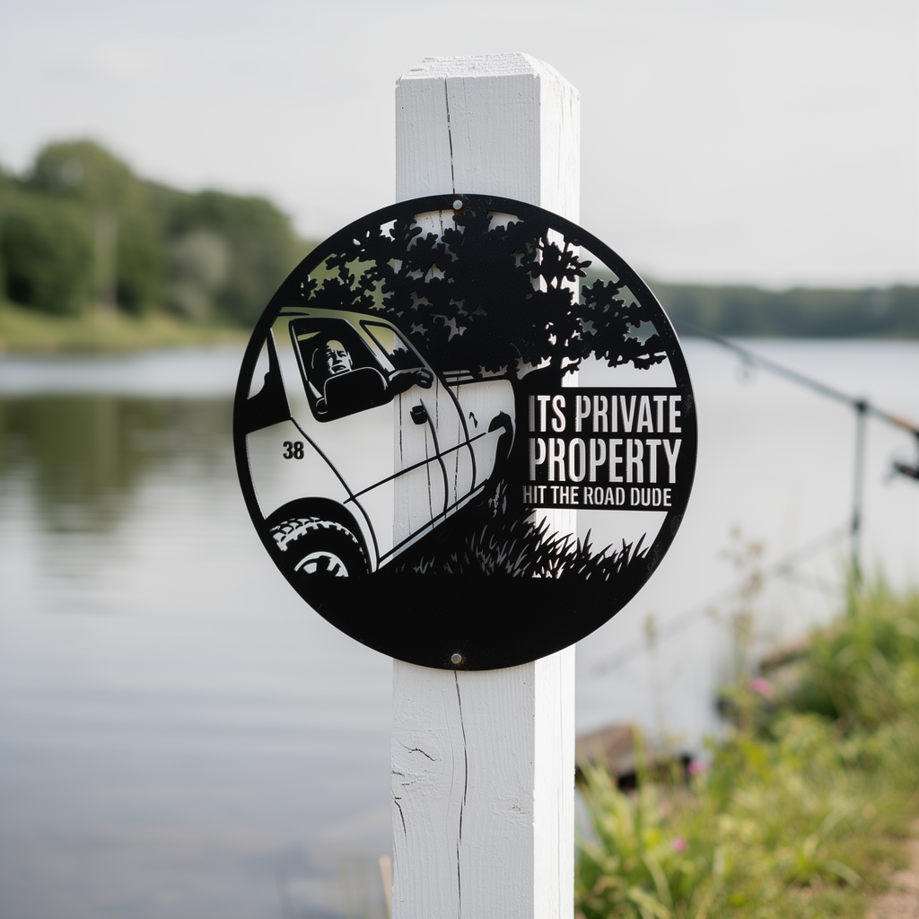 Funny pickup truck Hit the Road, Dude private property sign in black steel – image 5