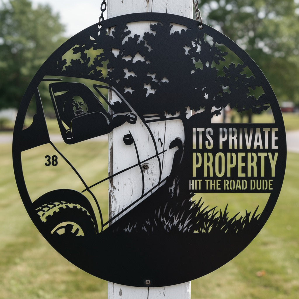 Funny pickup truck Hit the Road, Dude private property sign in black steel – image 6