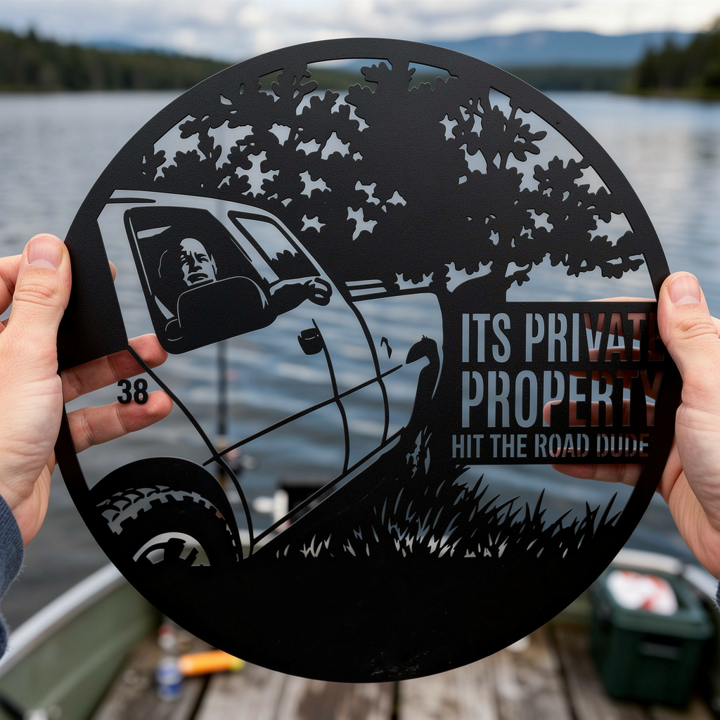 Funny pickup truck Hit the Road, Dude private property sign in black steel – image 8