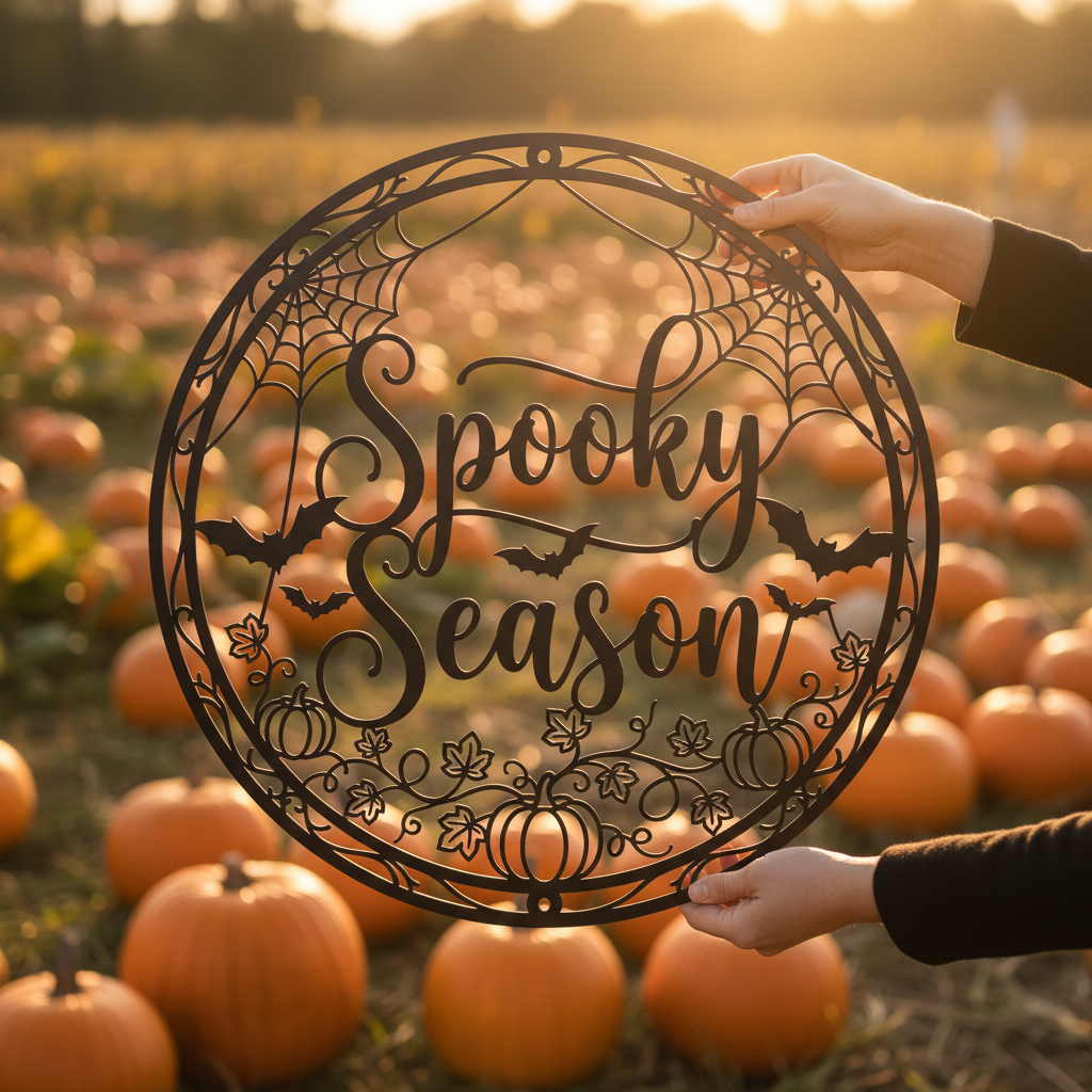 Rundes Halloween Metallschild mit grinsendem Kürbis und Spooky Season Schriftzug – Bild 11