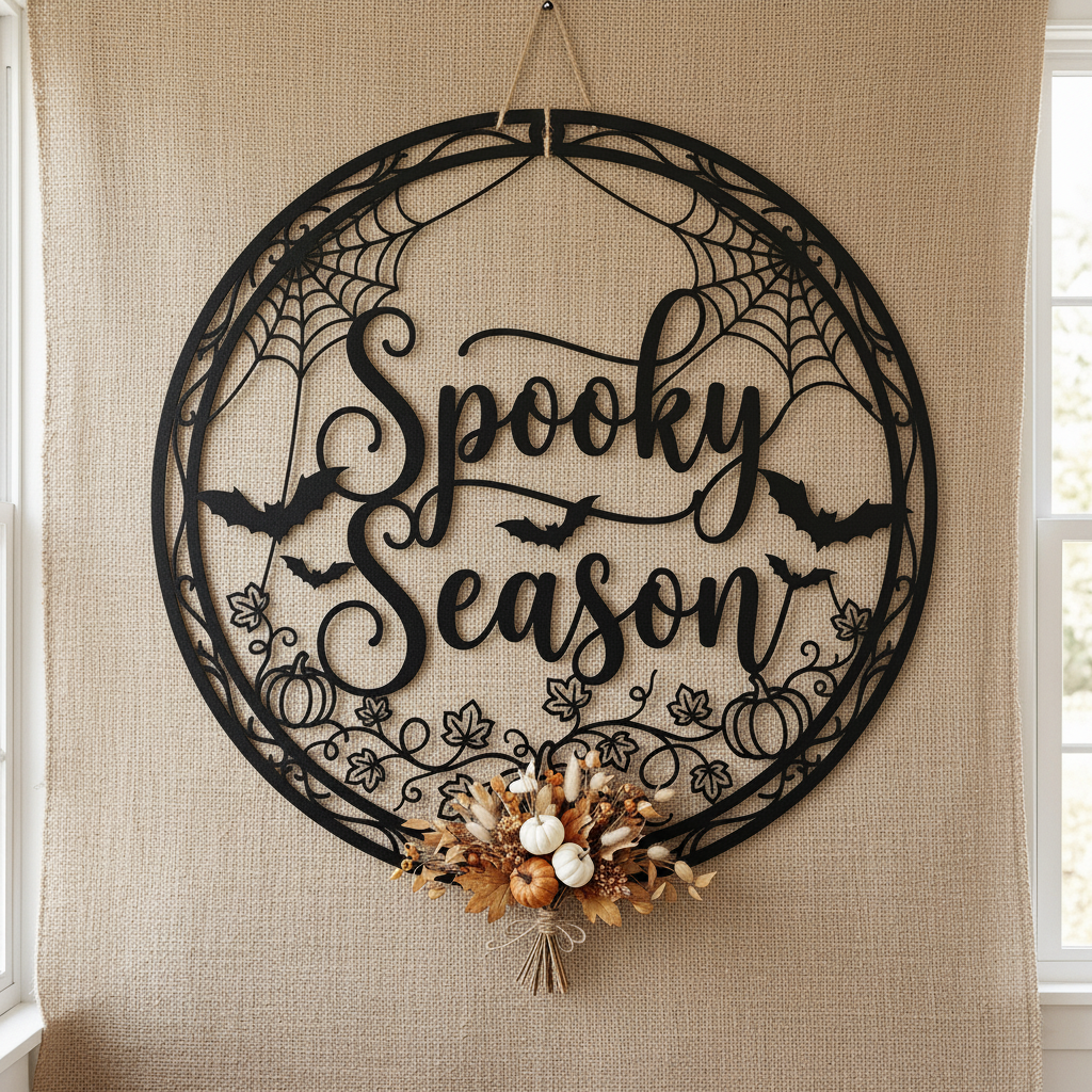 Rundes Halloween Metallschild mit grinsendem Kürbis und Spooky Season Schriftzug – Bild 12