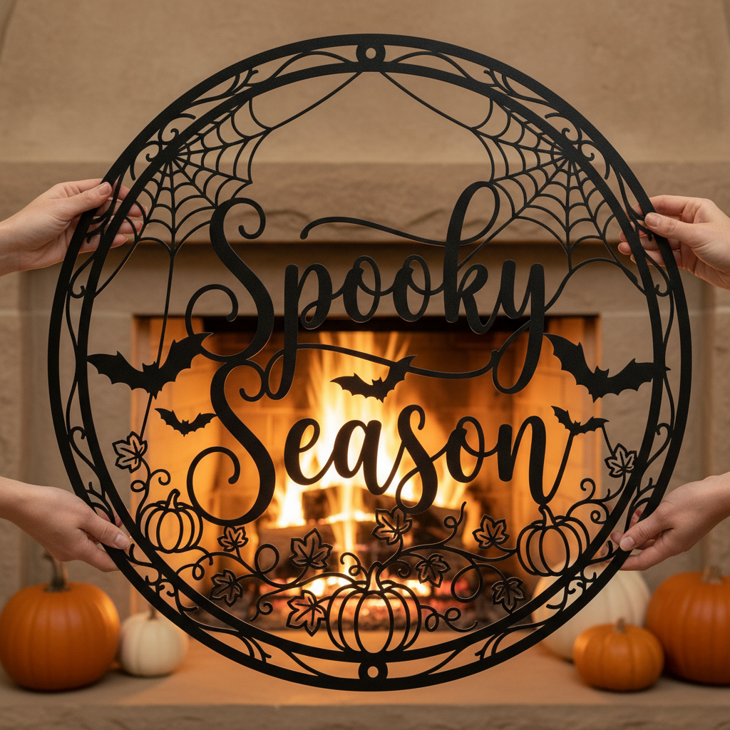 Rundes Halloween Metallschild mit grinsendem Kürbis und Spooky Season Schriftzug – Bild 14
