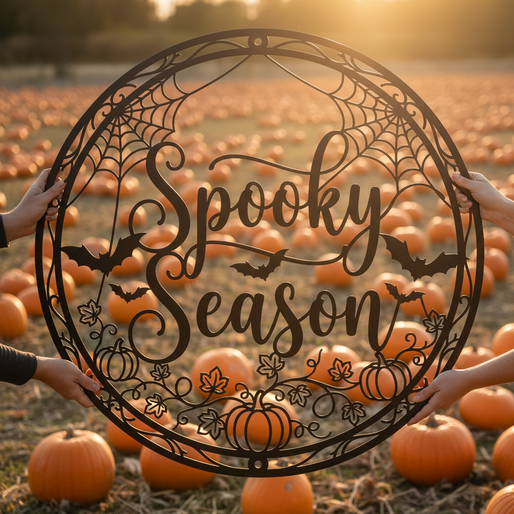 Rundes Halloween Metallschild mit grinsendem Kürbis und Spooky Season Schriftzug – Bild 15