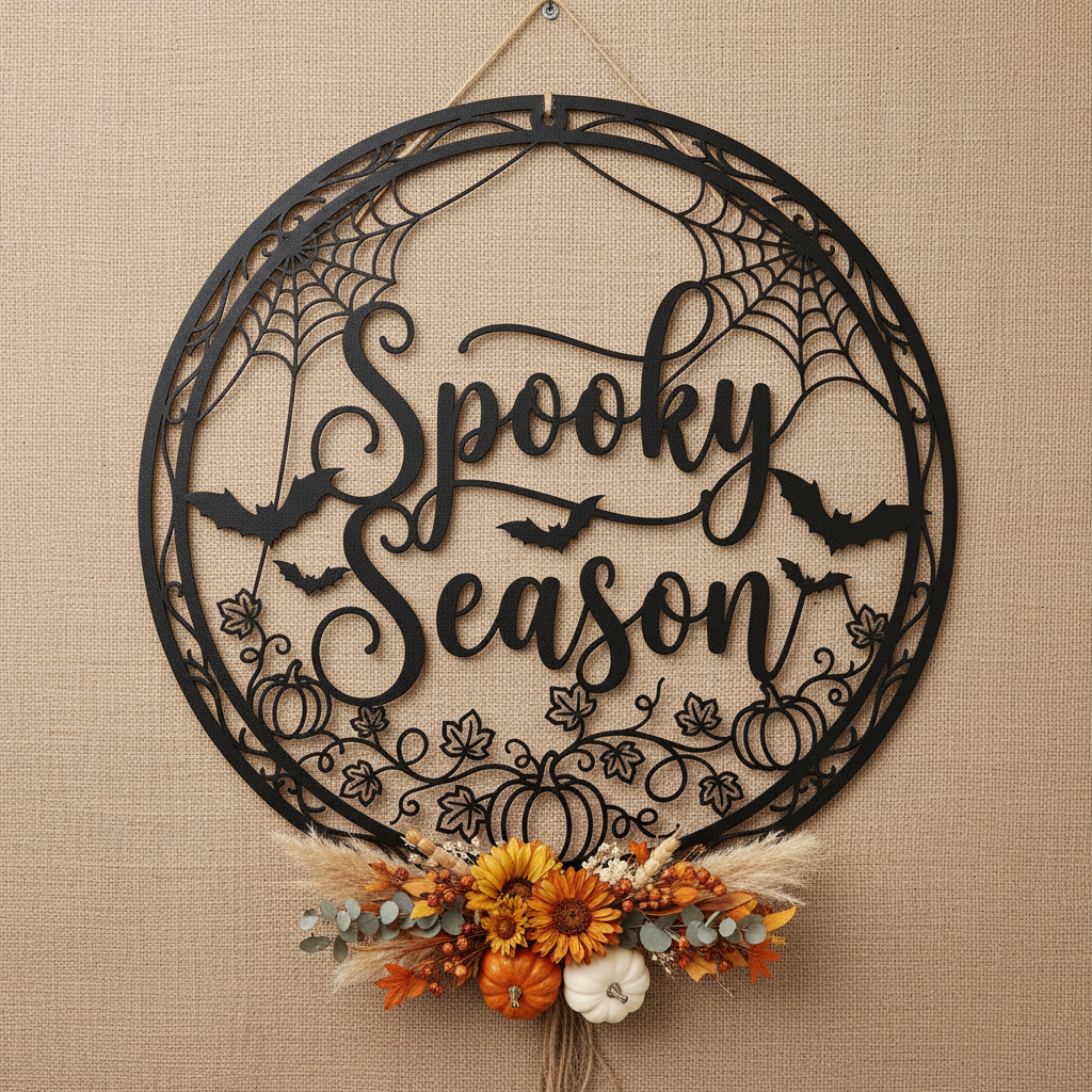 Rundes Halloween Metallschild mit grinsendem Kürbis und Spooky Season Schriftzug – Bild 17
