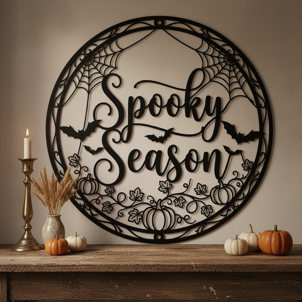 Rundes Halloween Metallschild mit grinsendem Kürbis und Spooky Season Schriftzug – Bild 18