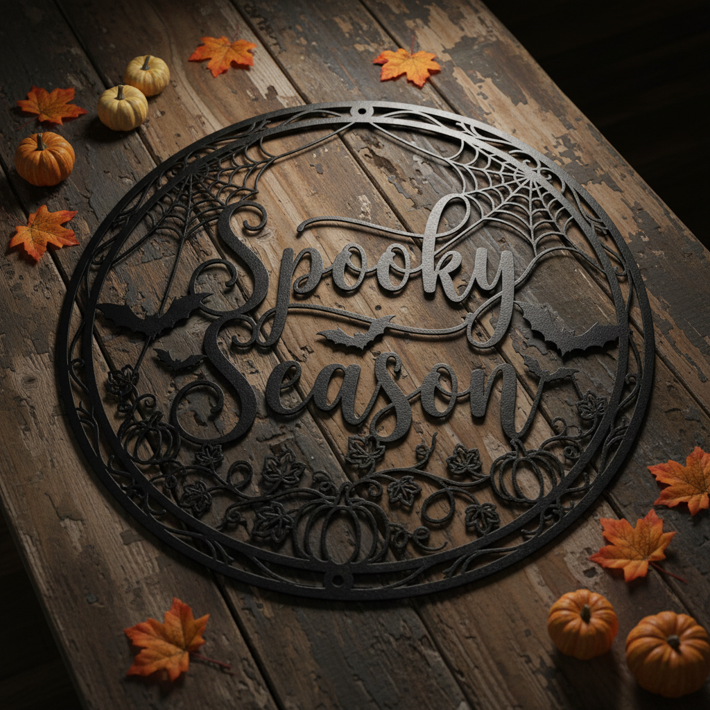 Rundes Halloween Metallschild mit grinsendem Kürbis und Spooky Season Schriftzug – Bild 3