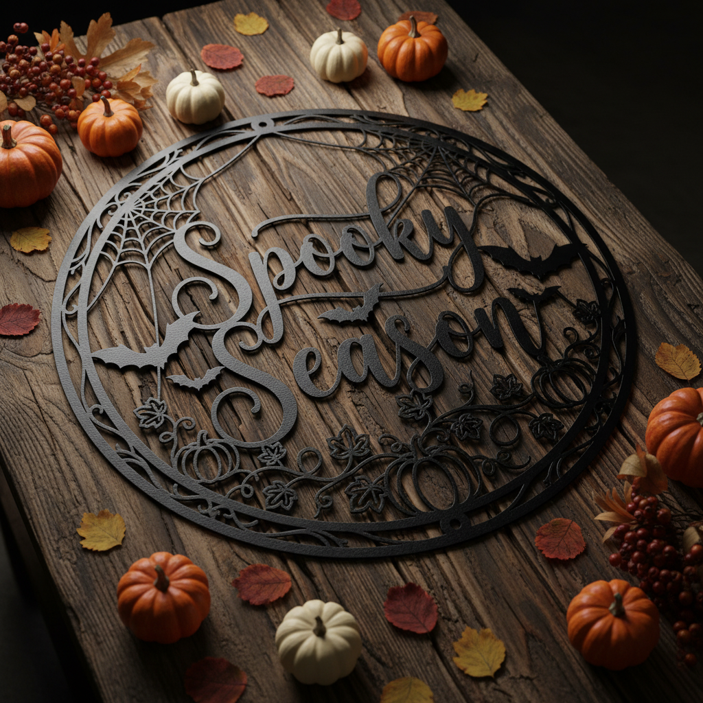 Rundes Halloween Metallschild mit grinsendem Kürbis und Spooky Season Schriftzug – Bild 6
