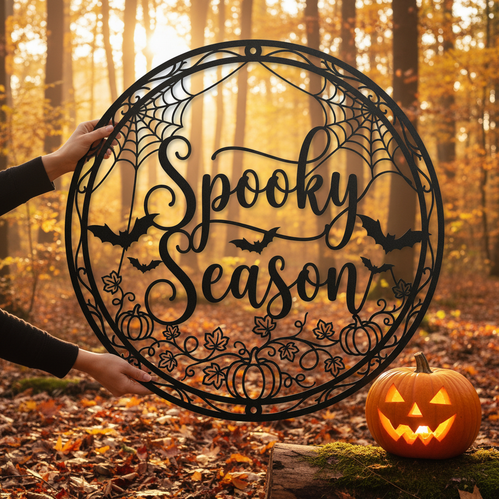Rundes Halloween Metallschild mit grinsendem Kürbis und Spooky Season Schriftzug – Bild 8