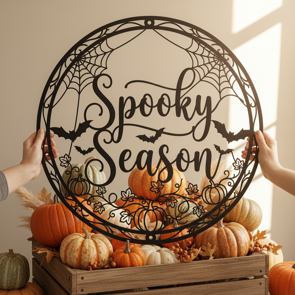 Rundes Halloween Metallschild mit grinsendem Kürbis und Spooky Season Schriftzug – Bild 9