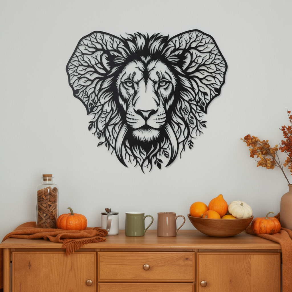 Lion head metal wall art embedded in a tree of life in black steel