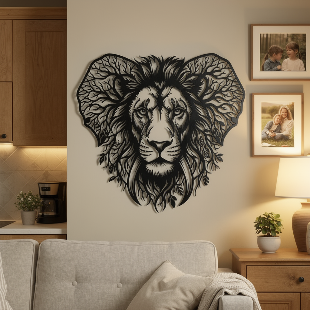Lion head metal wall art embedded in a tree of life in black steel – image 10