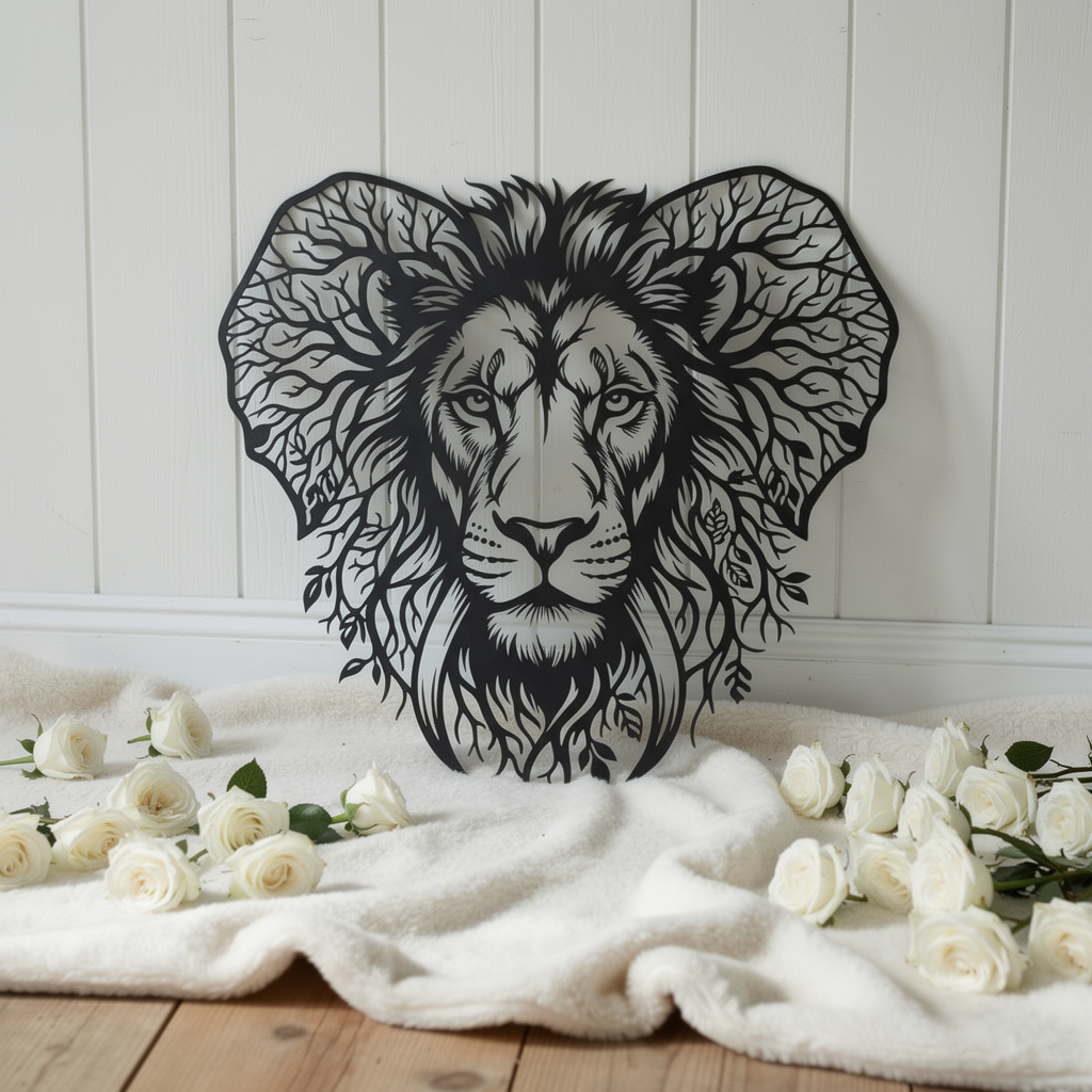 Lion head metal wall art embedded in a tree of life in black steel – image 11