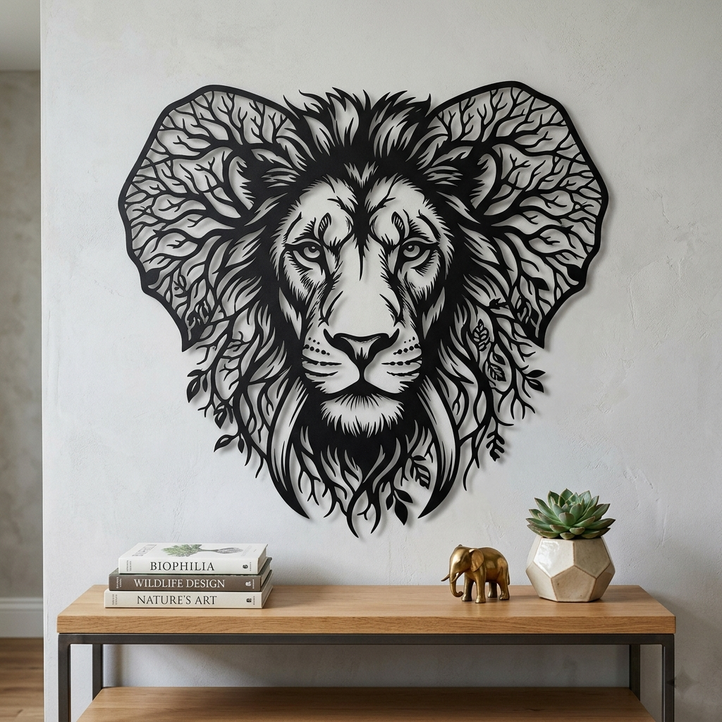 Lion head metal wall art embedded in a tree of life in black steel – image 12